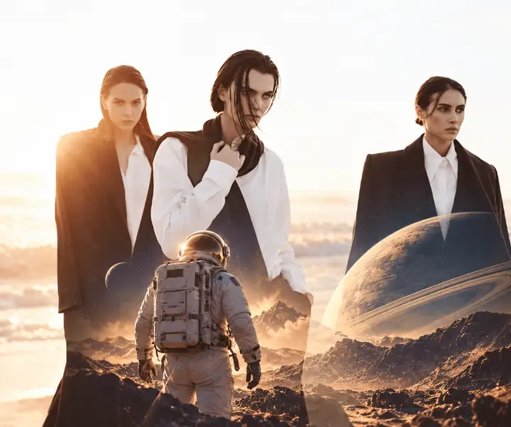 Fashion portrait on a bright beach with a distracting overlay