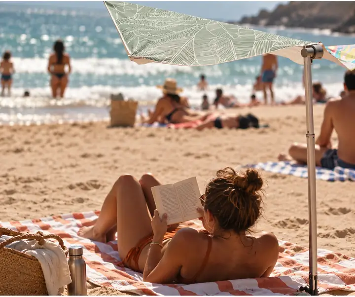 Relaxed beach scene after overlaid lettering and a date are cleared