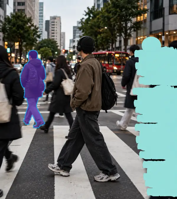 Street photograph demonstrating areas selected for cleanup around pedestrians