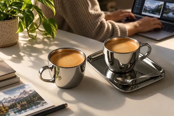 Two polished coffee cups on a tabletop with a visible graphic mark