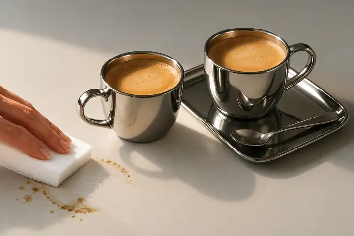 Two polished coffee cups on a tabletop after a distracting mark is removed